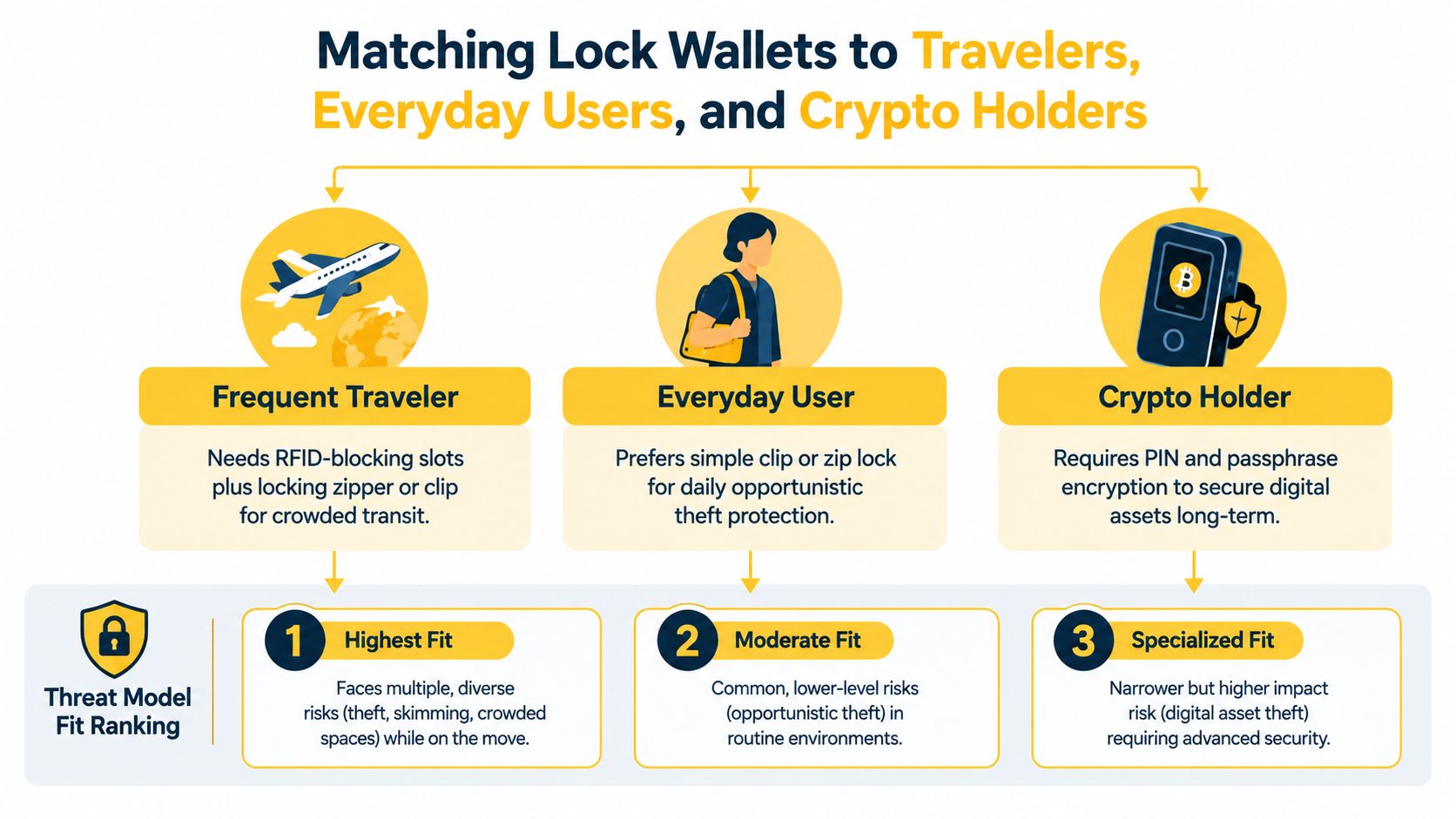 A flow chart illustrating how to choose the right locking wallet based on different user security needs.