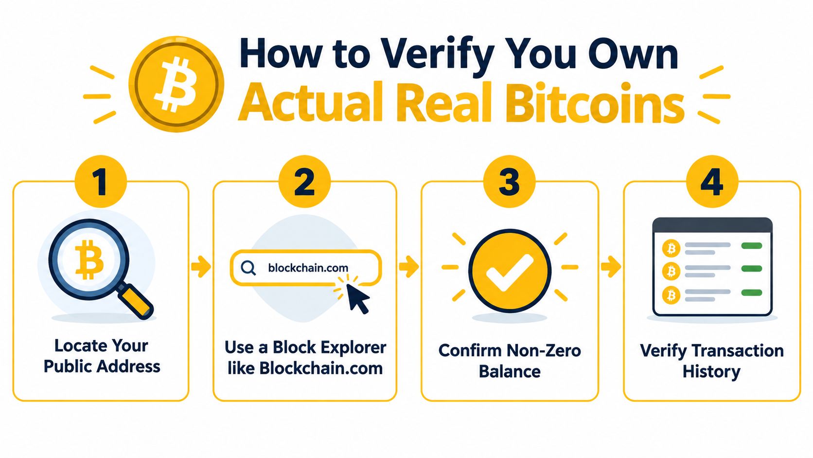 An infographic showing four simple steps to verify the ownership of actual real bitcoins on the blockchain.