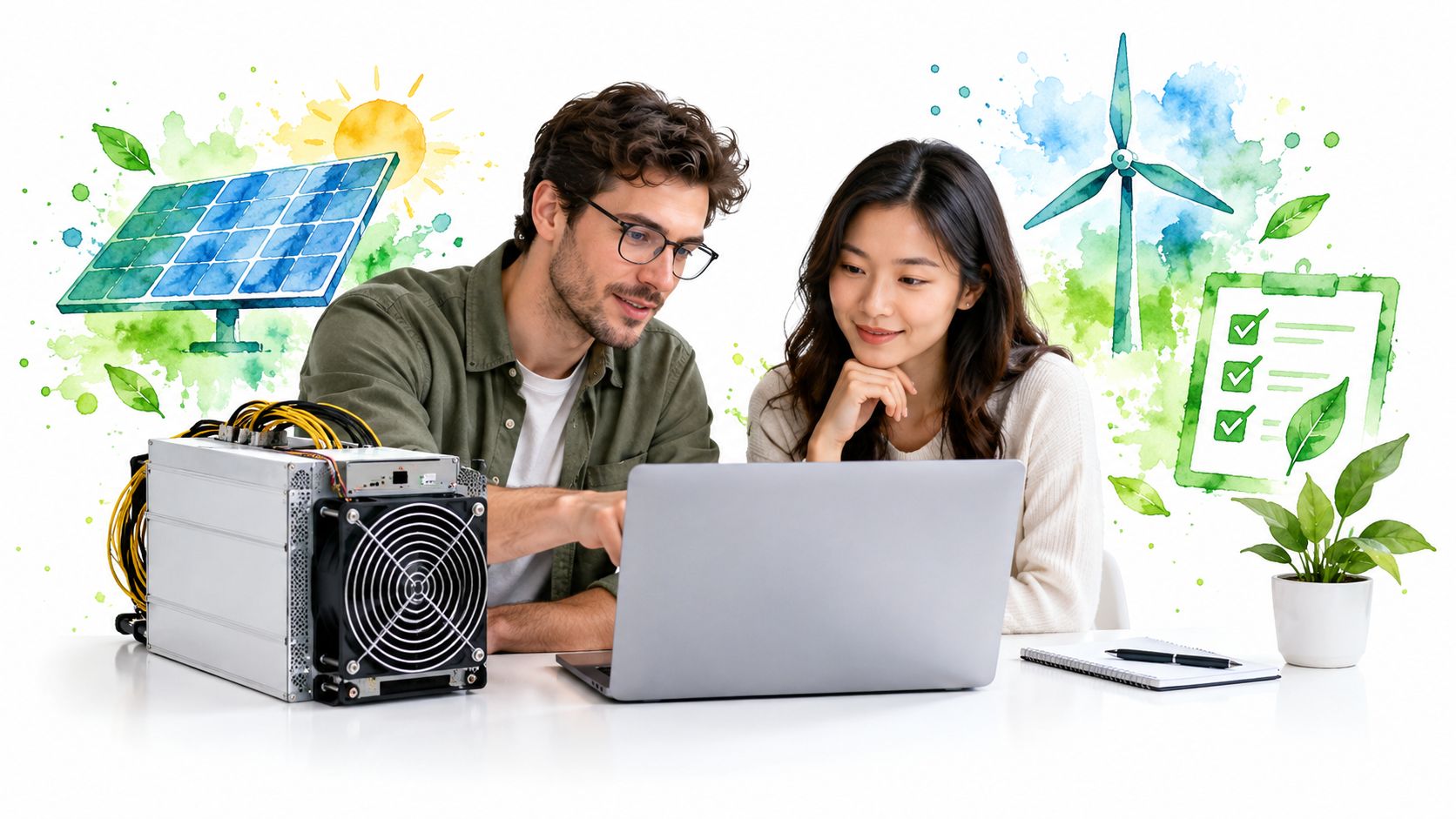 A man and woman looking at a laptop beside a crypto miner with sustainable energy illustrations