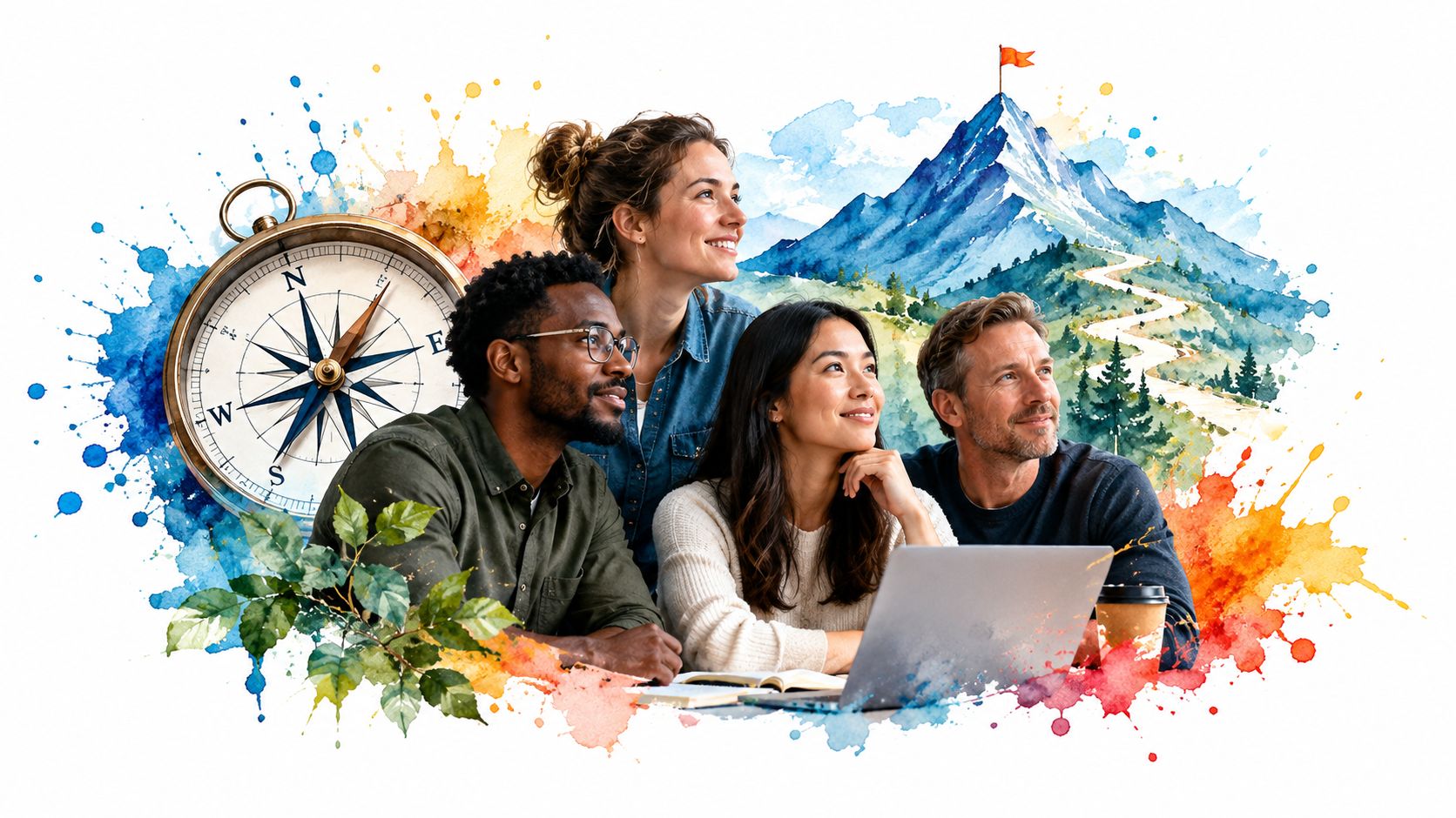 A diverse group of professionals collaborating together in front of watercolor illustrations of a compass and mountain.