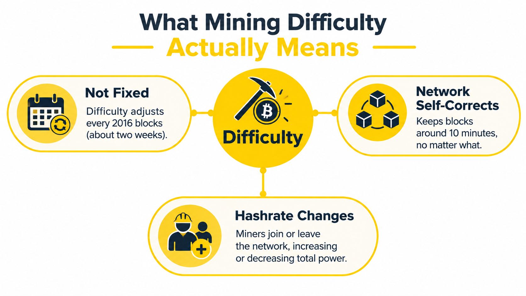 An infographic explaining how Bitcoin mining difficulty self-corrects and adjusts based on network hashrate changes.