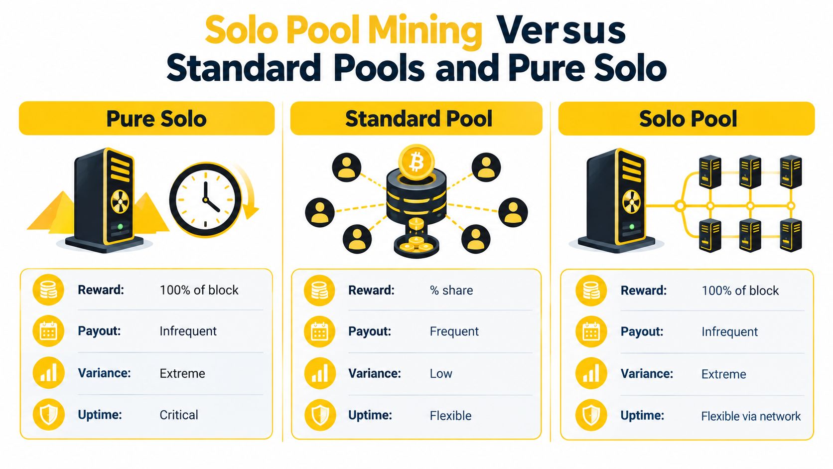 A comparison chart explaining the differences between pure solo mining, standard mining pools, and solo mining pools.