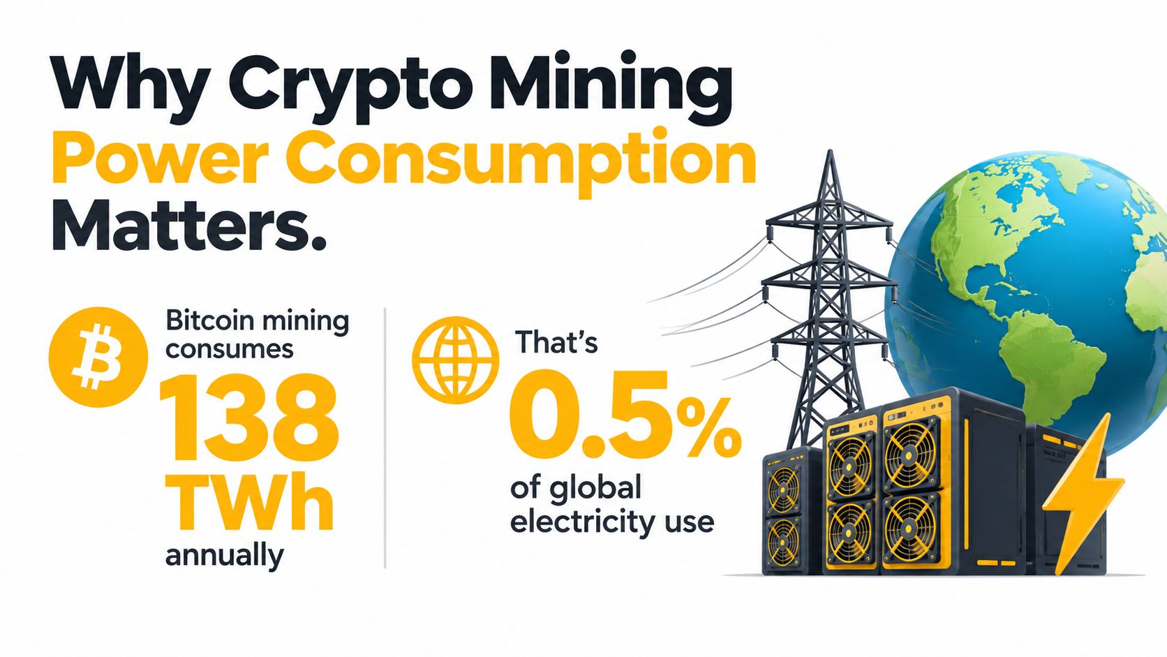 An infographic illustrating that Bitcoin mining consumes 138 TWh of energy annually, representing 0.5% of global electricity usage.