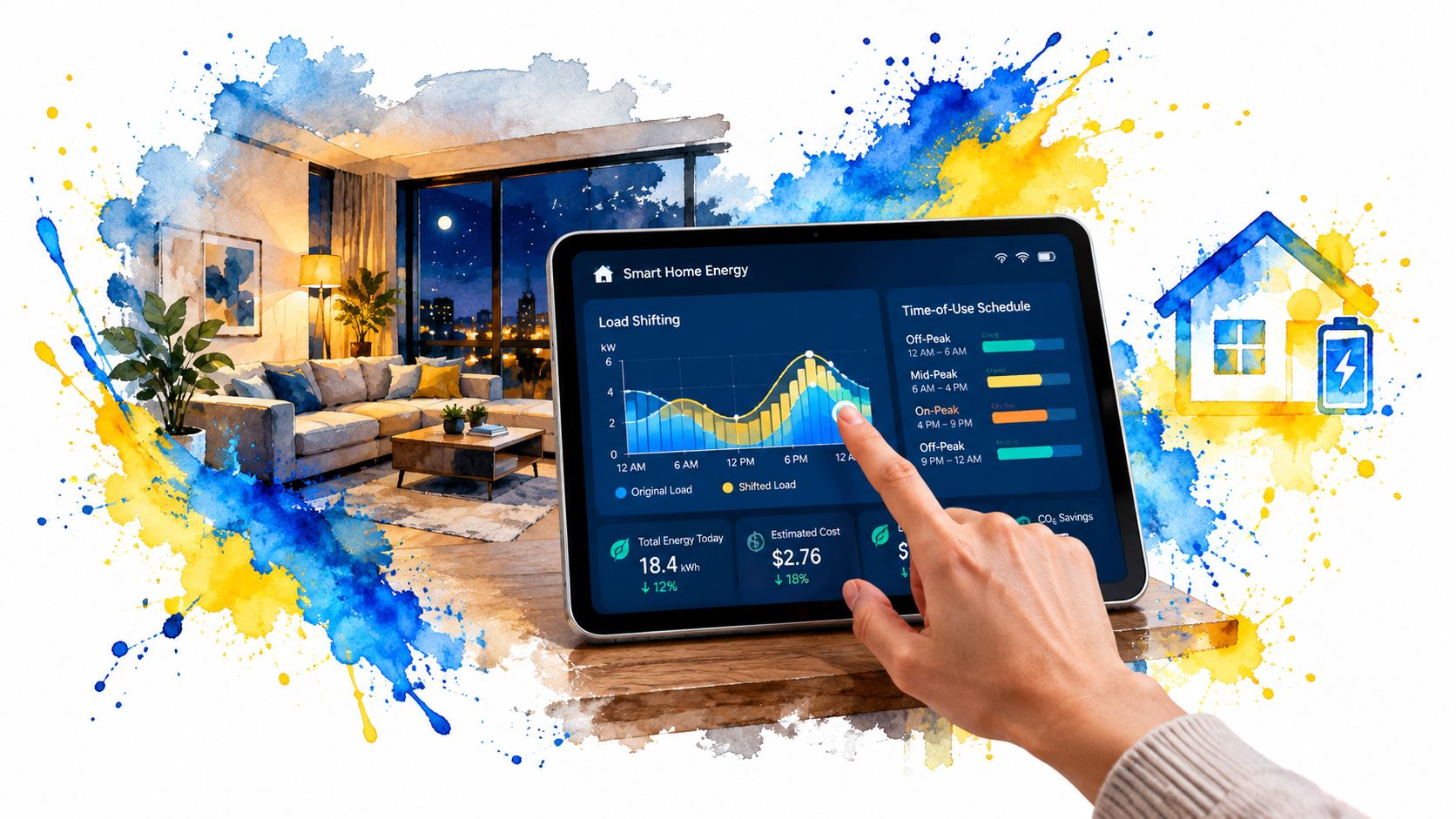 A hand interacts with a tablet showing a smart home energy management app to control electricity usage.