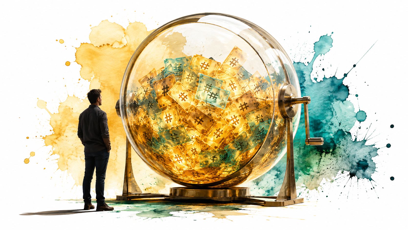 A man looking at a large glass lottery drum filled with golden cards featuring hashtag symbols.