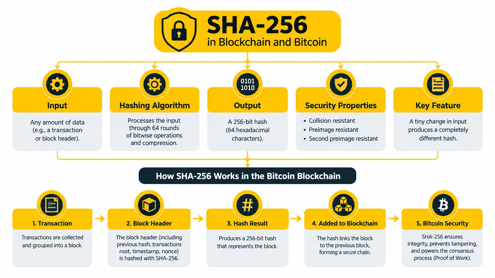An infographic diagram explaining how the SHA-256 algorithm functions within the Bitcoin blockchain and its security features.