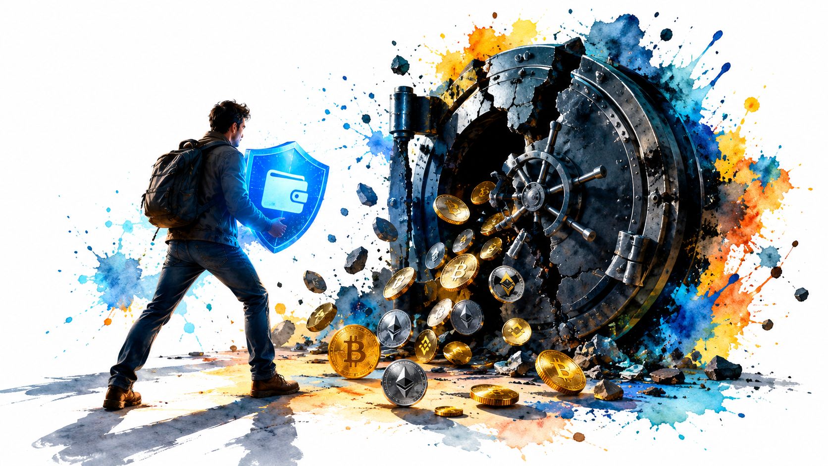 A person holding a digital wallet shield in front of a cracked vault spilling various cryptocurrencies.