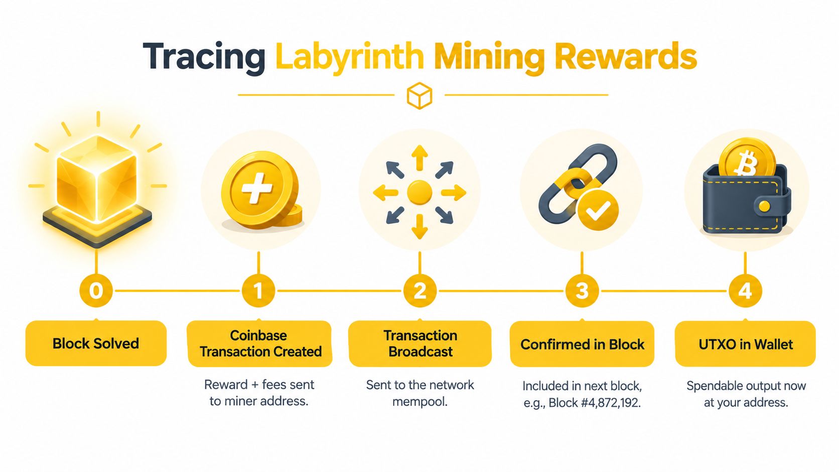 A five-step diagram showing the process of tracing mining rewards from a solved block to a wallet.