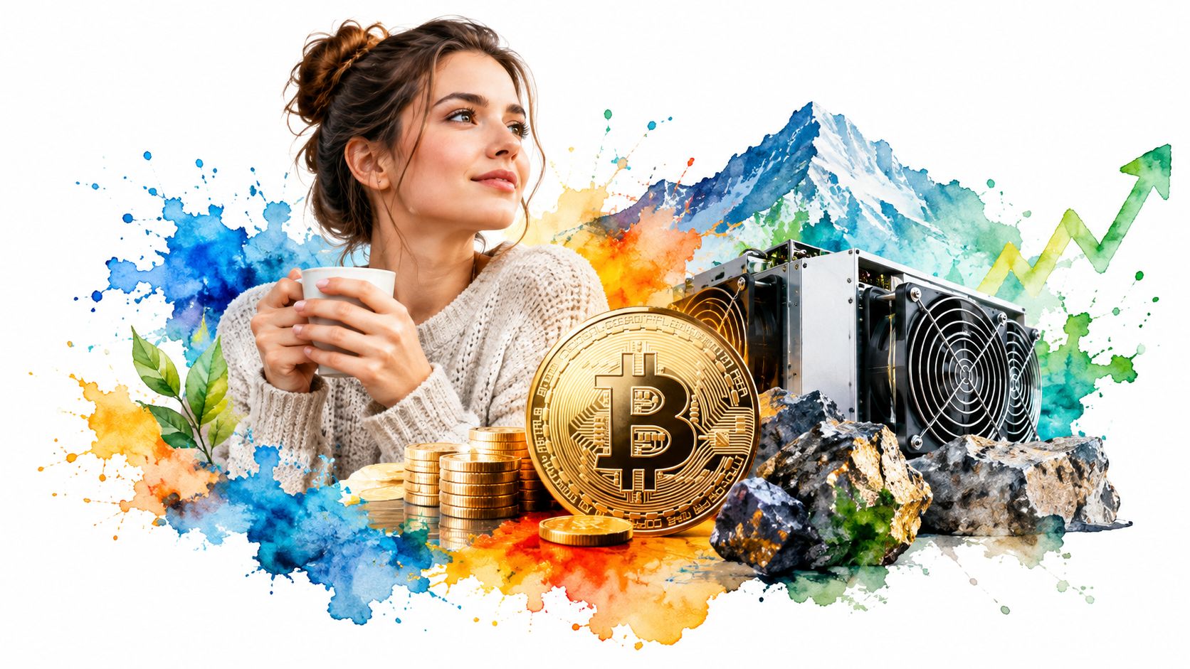 A woman holding a coffee cup next to a Bitcoin coin and crypto mining hardware equipment.