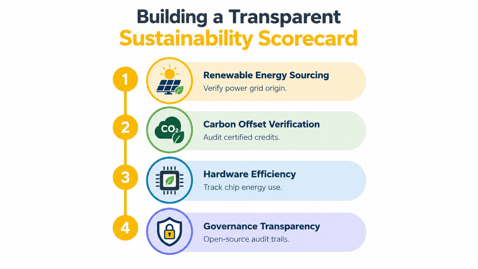 A four-step infographic showing components for building a transparent sustainability scorecard for technology or digital projects.