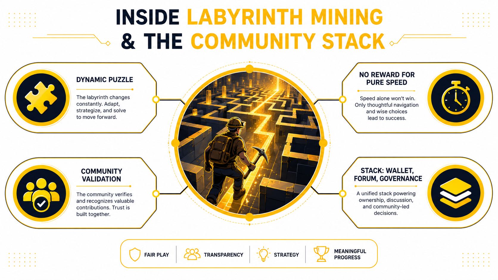 An infographic titled Inside Labyrinth Mining and the Community Stack featuring icons explaining community-based cryptocurrency concepts.