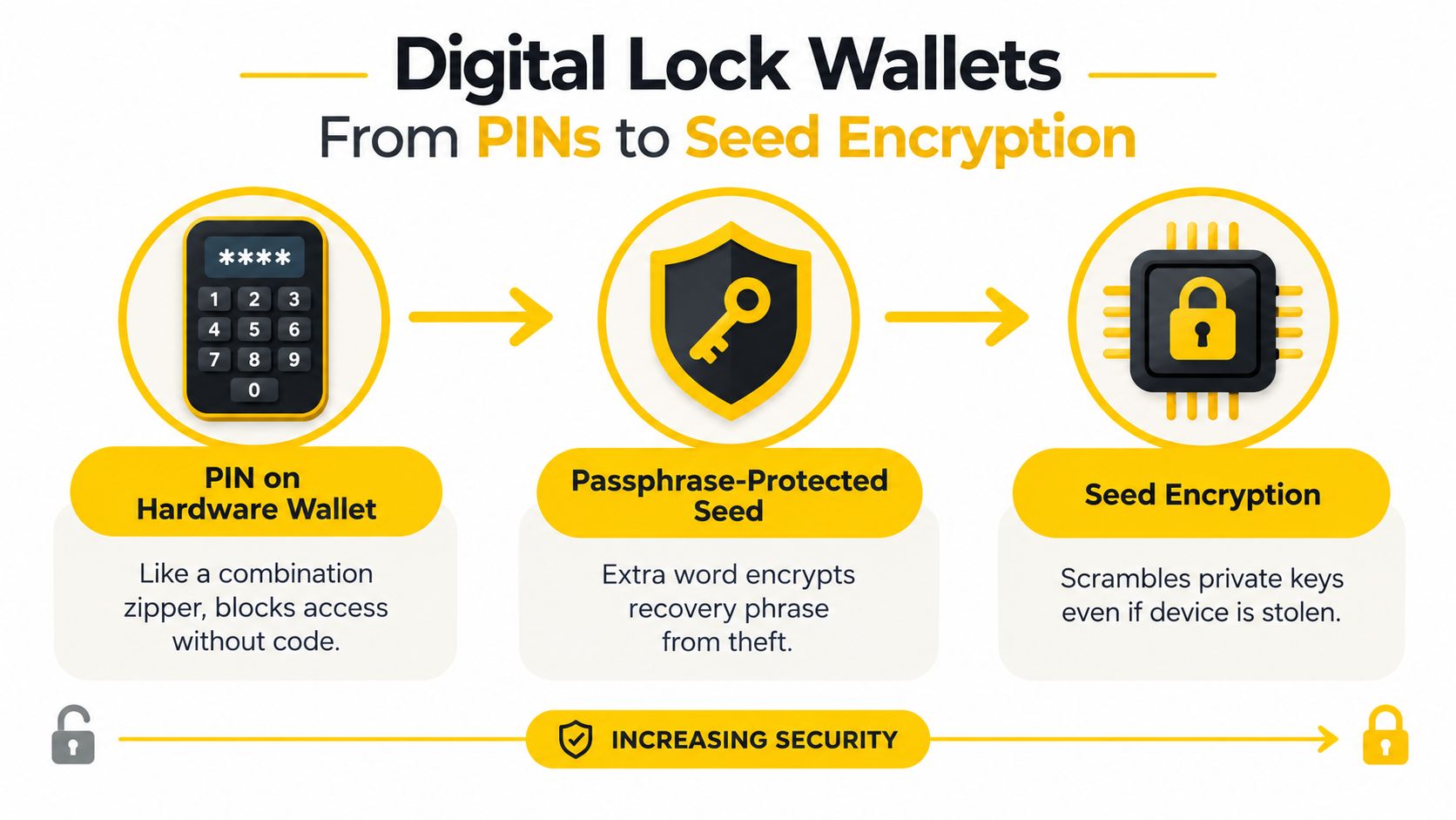 A diagram illustrating the three progressive security layers of digital hardware wallets from PIN to seed encryption.