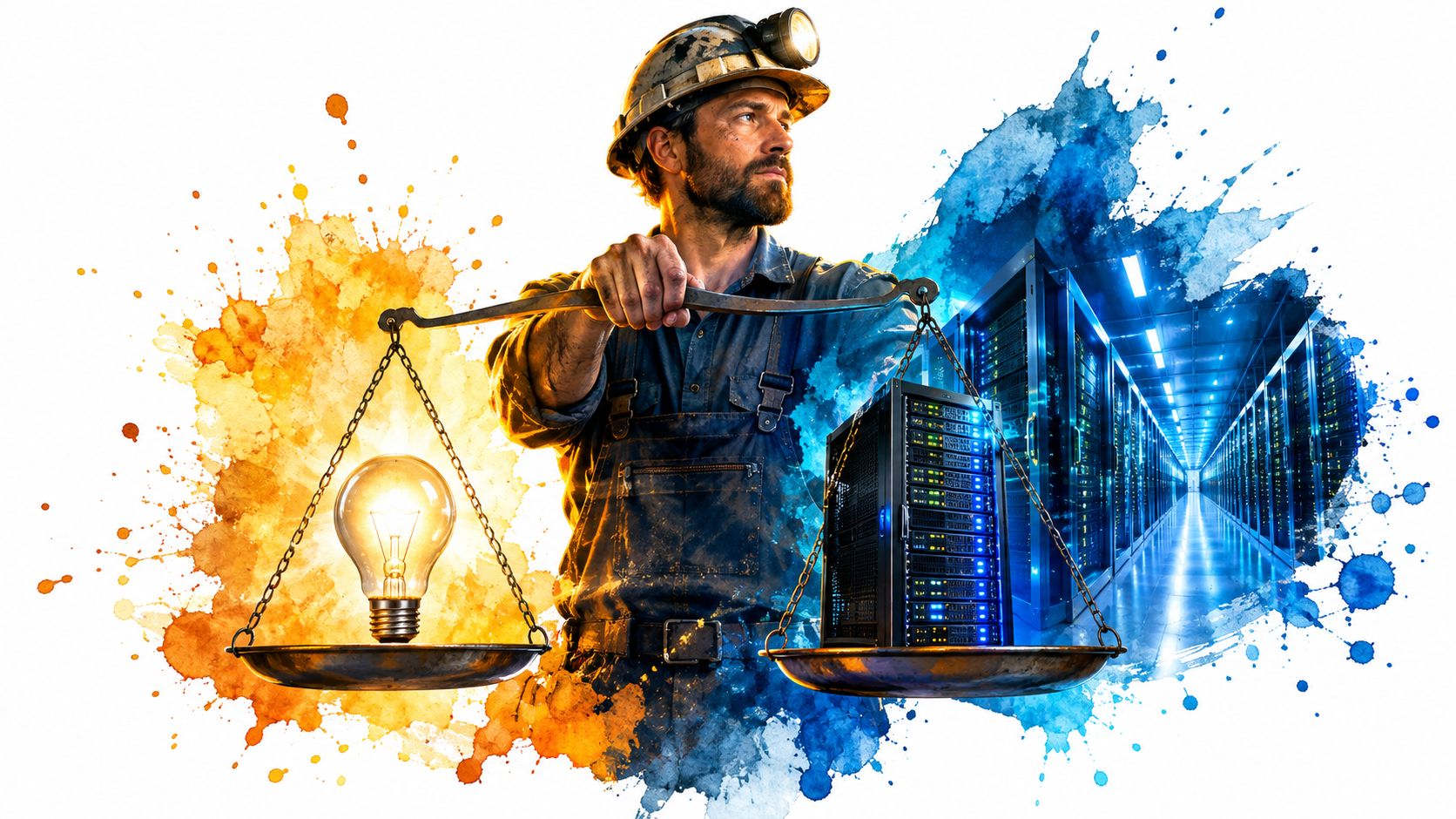 A miner holding scales balancing a glowing light bulb against a server rack in a data center.
