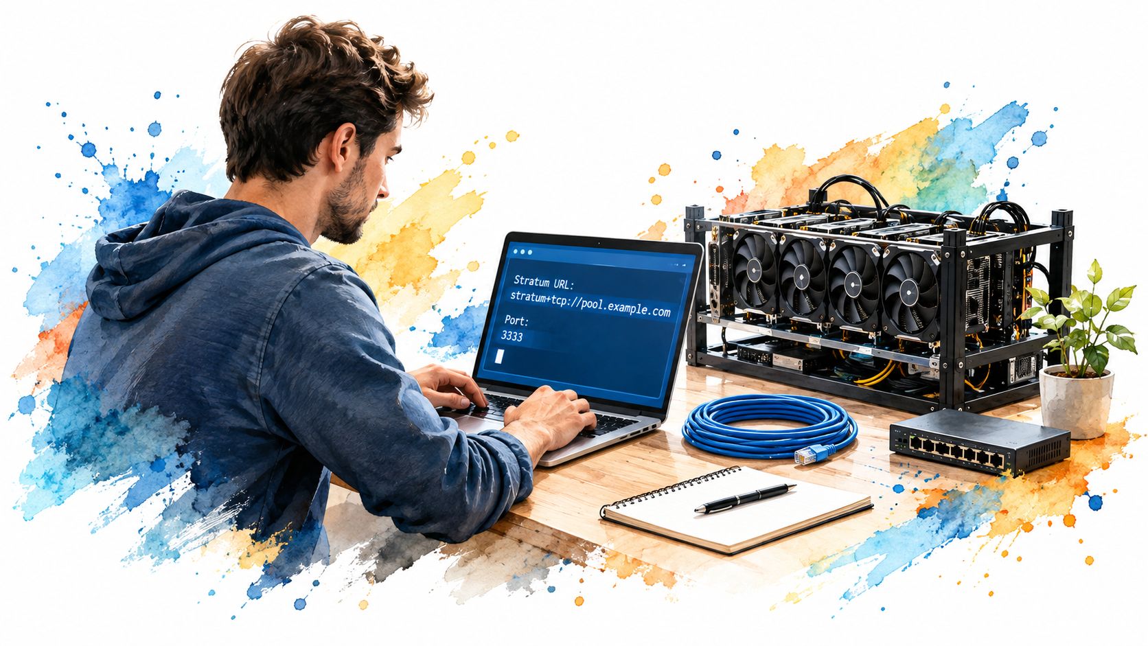 A person setting up a cryptocurrency mining rig using a laptop on a wooden desk.
