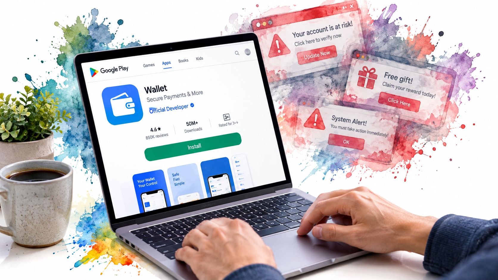 A person using a laptop with Google Play store and suspicious phishing notification popups displayed.