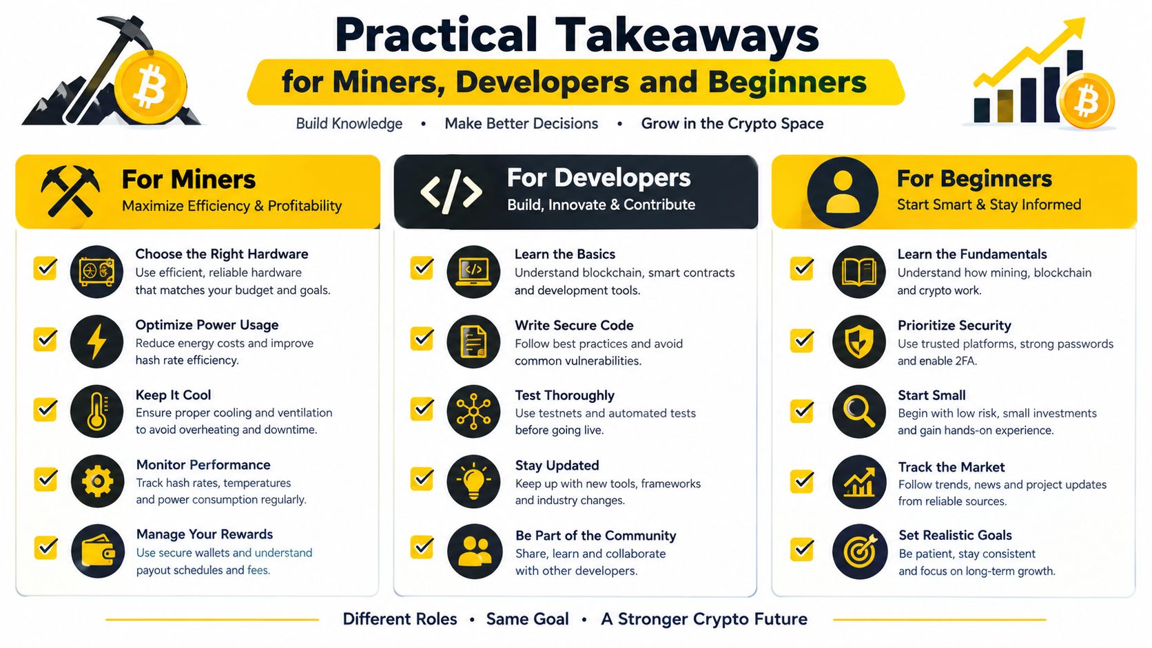 An infographic titled Practical Takeaways for Miners, Developers and Beginners offering advice for the crypto space.