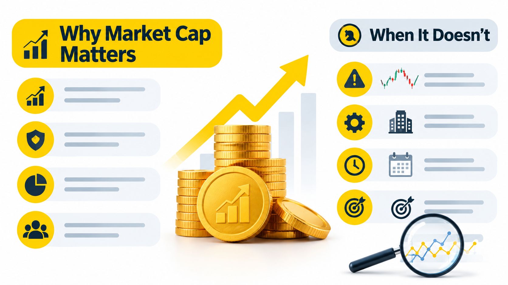 A visual comparison infographic illustrating the significance and limitations of using market capitalization for investment analysis.