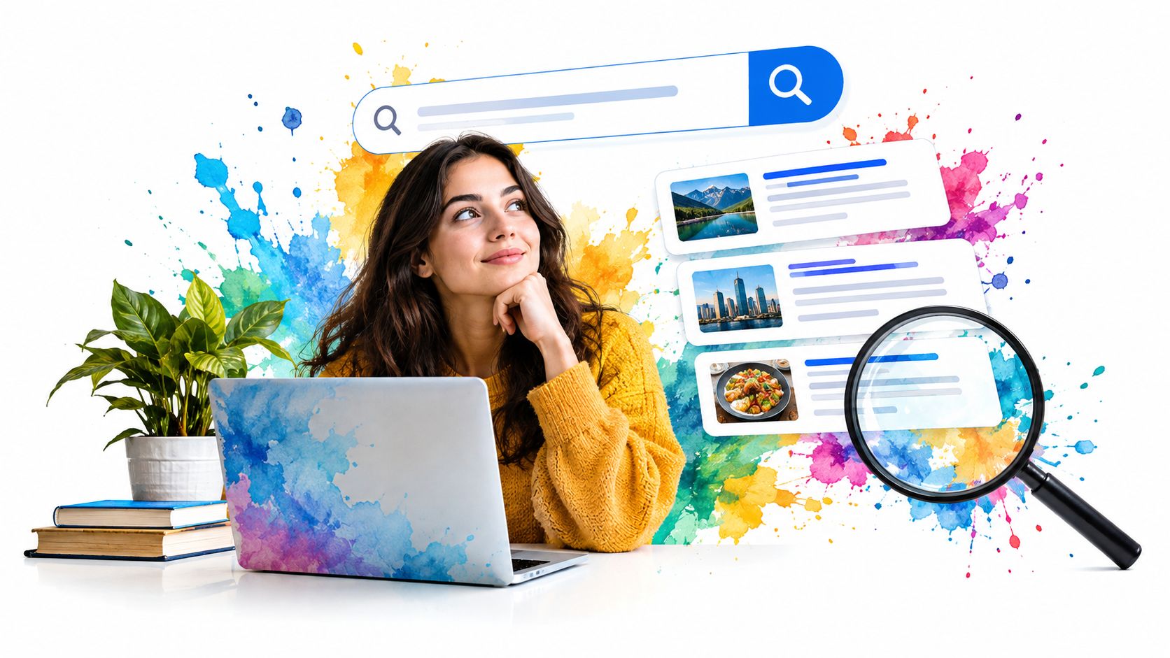 A woman thinking while working on a laptop with colorful digital search results and a magnifying glass.