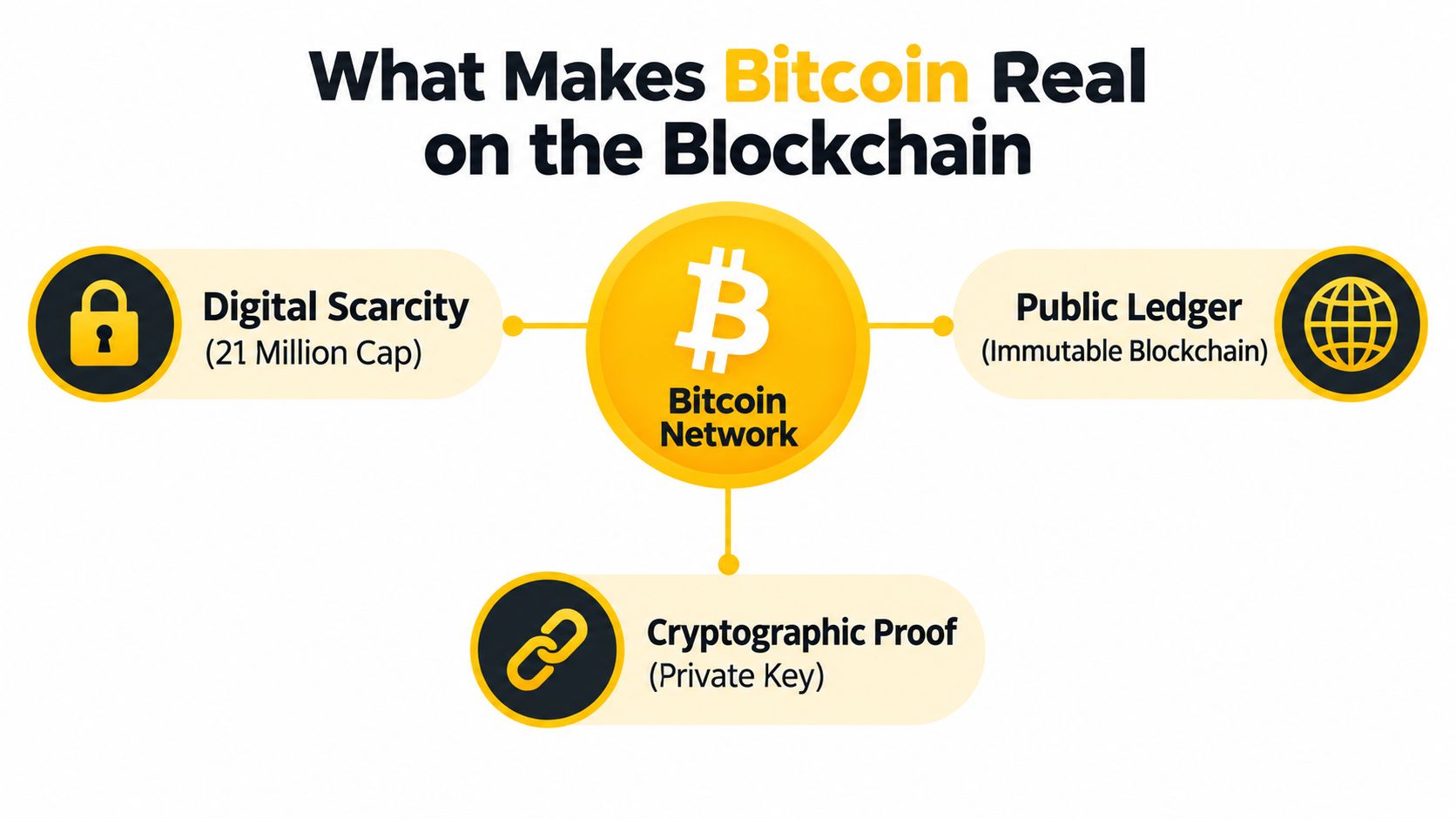 An infographic titled What Makes Bitcoin Real on the Blockchain, illustrating scarcity, public ledgers, and cryptographic proof.