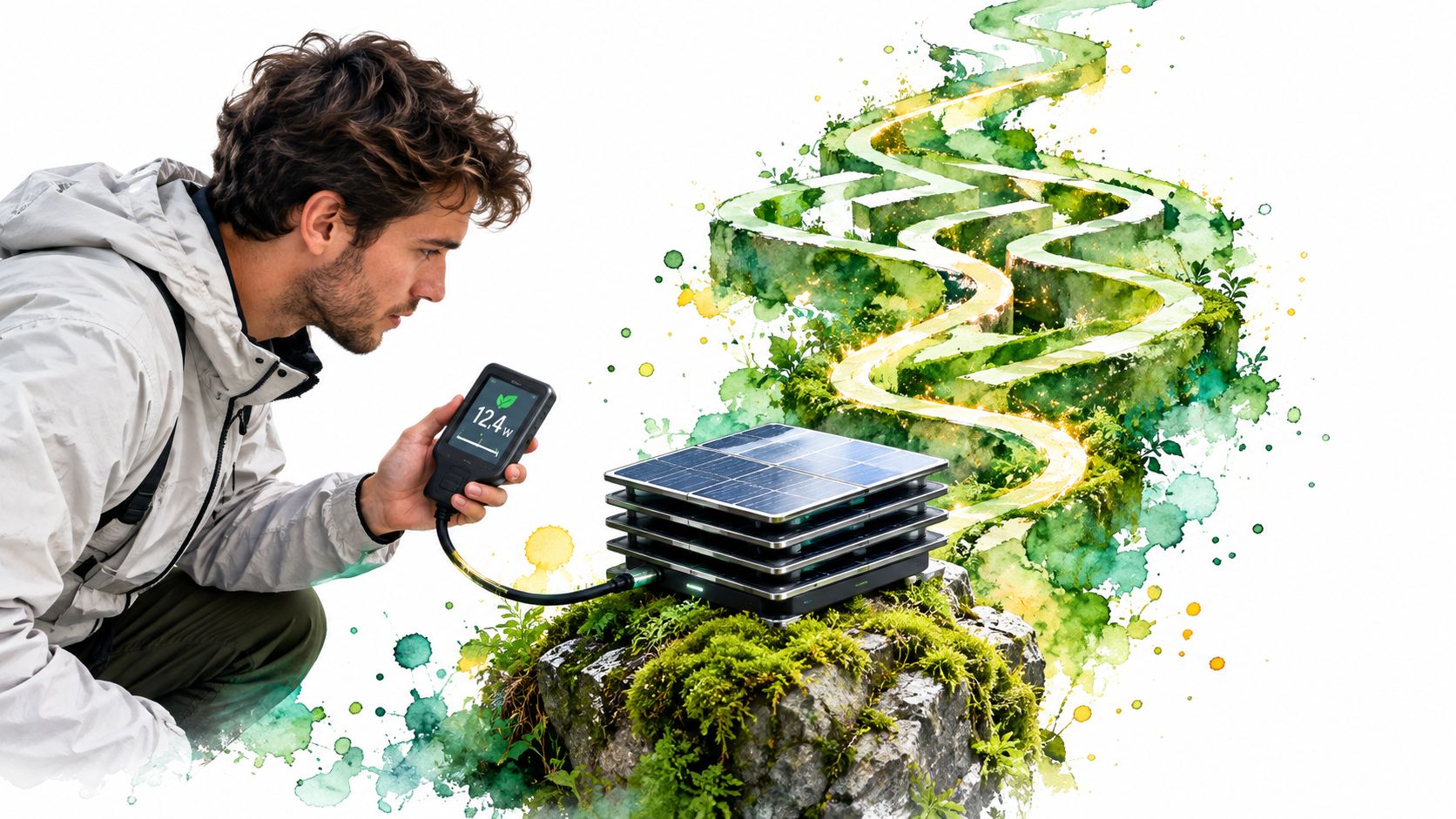 A man observing a portable solar power device that is charging on a mossy rock outdoor.