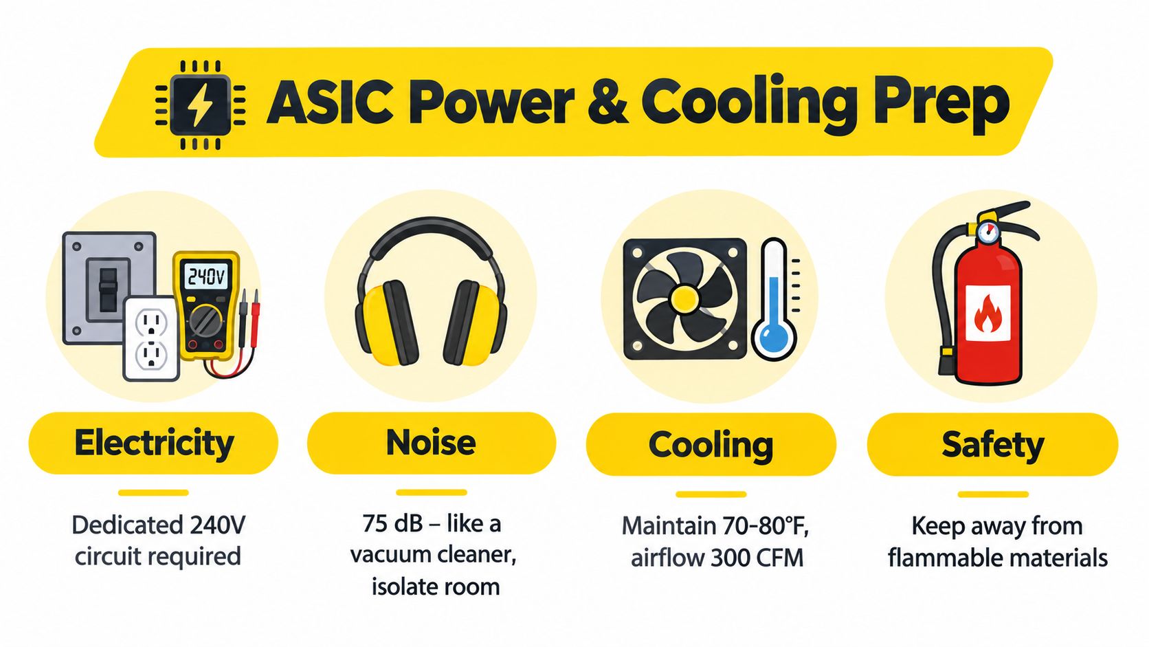 An infographic illustrating four essential setup requirements for ASIC mining: electricity, noise management, cooling, and safety.
