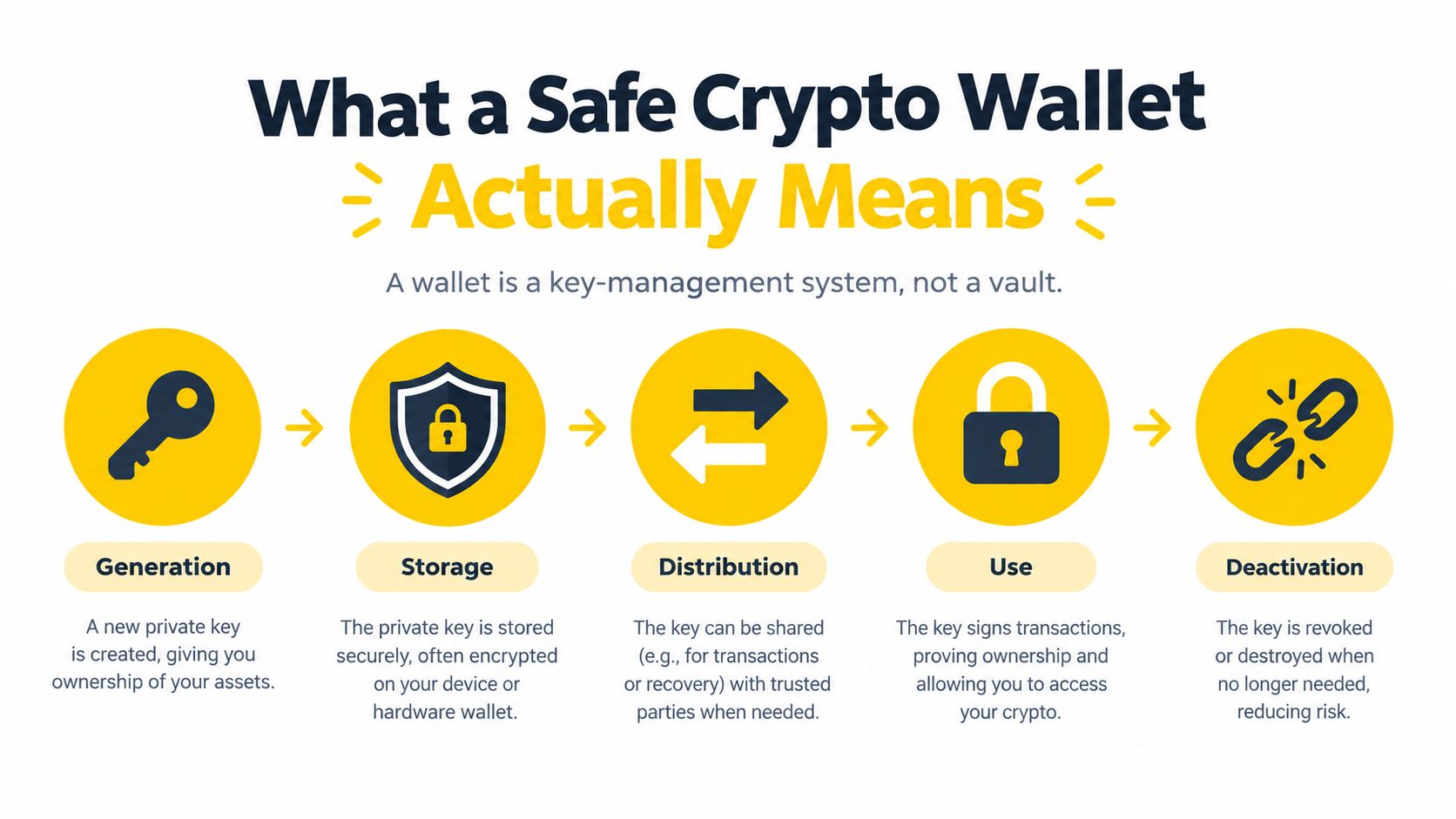 An infographic showing the five key stages of managing a safe crypto wallet from generation to deactivation.