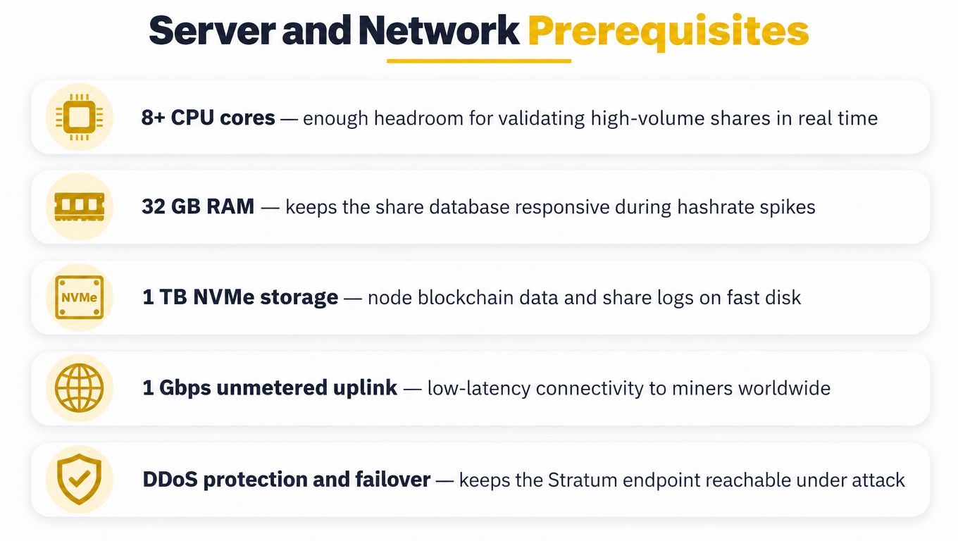 A list of technical server and network prerequisites required for setting up a cryptocurrency mining pool.