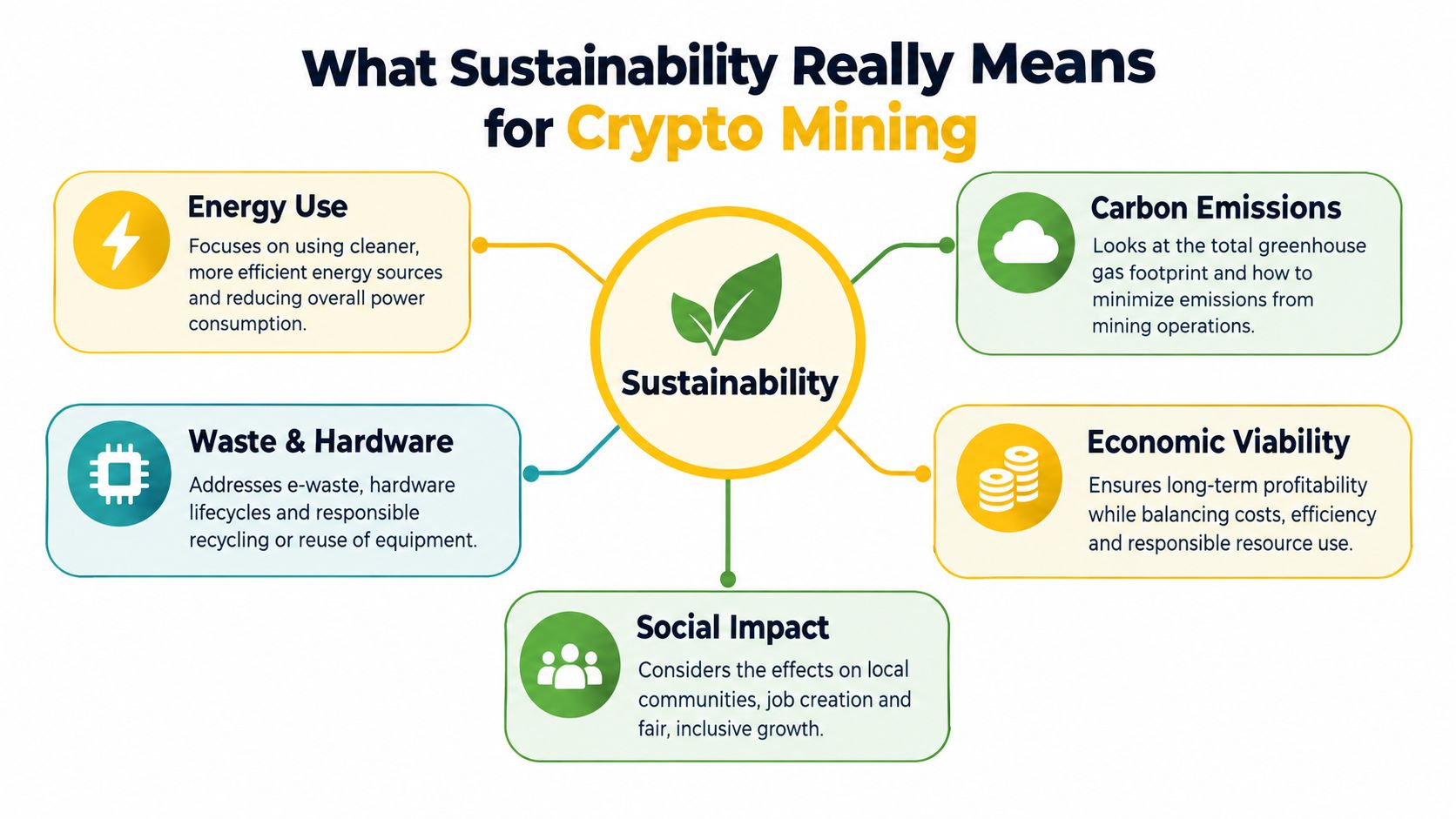A diagram outlining the five key components of sustainability in the context of crypto mining operations.