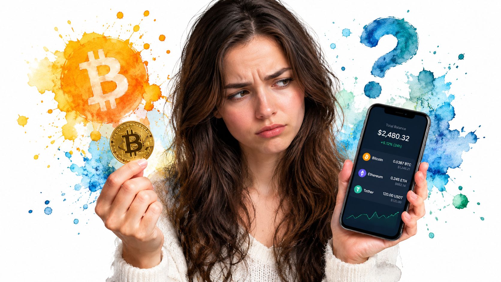 A confused young woman holds a gold Bitcoin coin and a smartphone showing a cryptocurrency portfolio app.