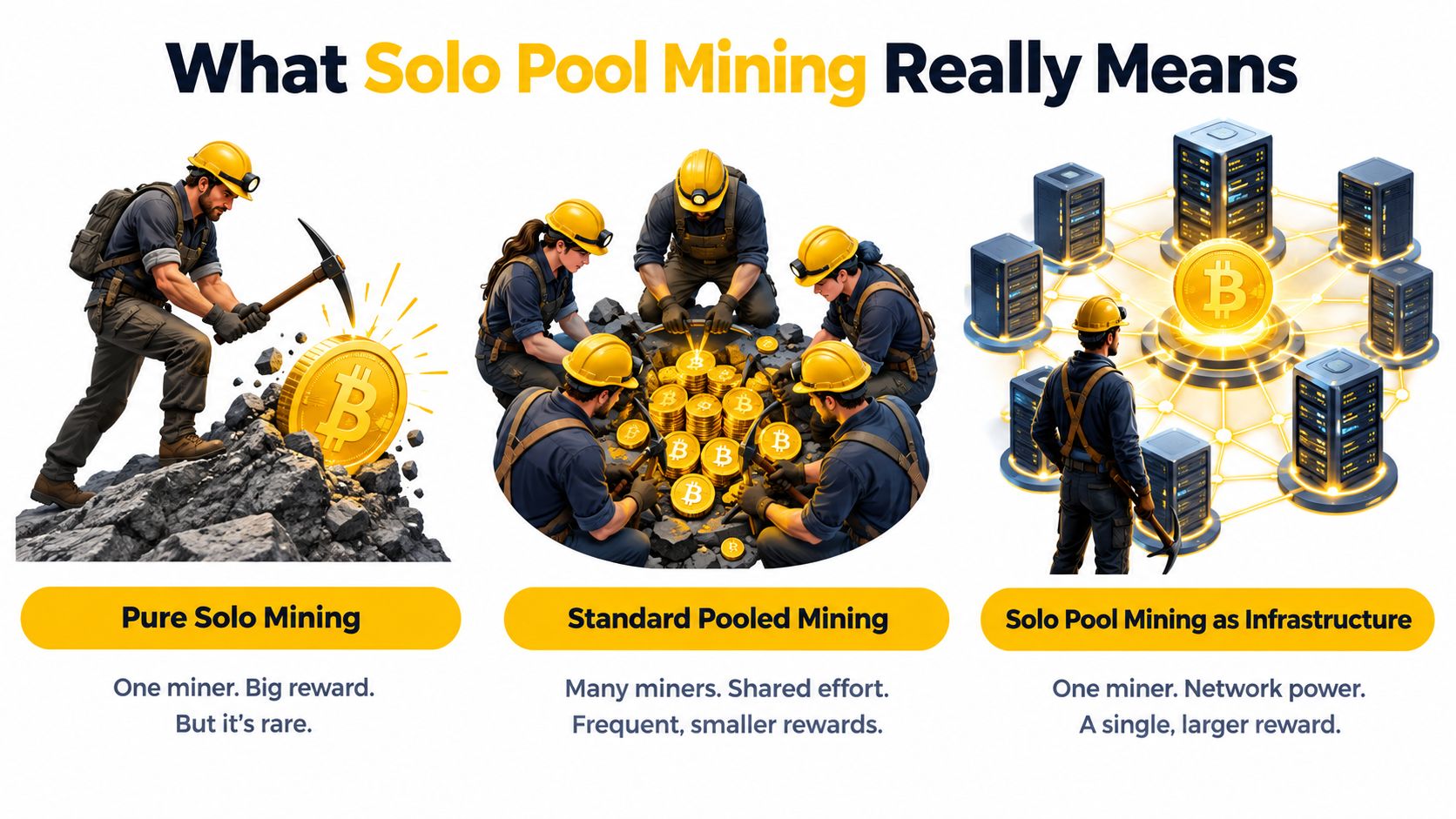 An infographic illustrating three distinct crypto mining methods: Pure Solo Mining, Standard Pooled Mining, and Solo Pool Mining.
