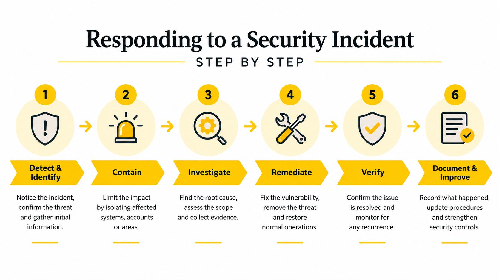 A six-step infographic illustrating the professional workflow for responding to and managing a security incident.