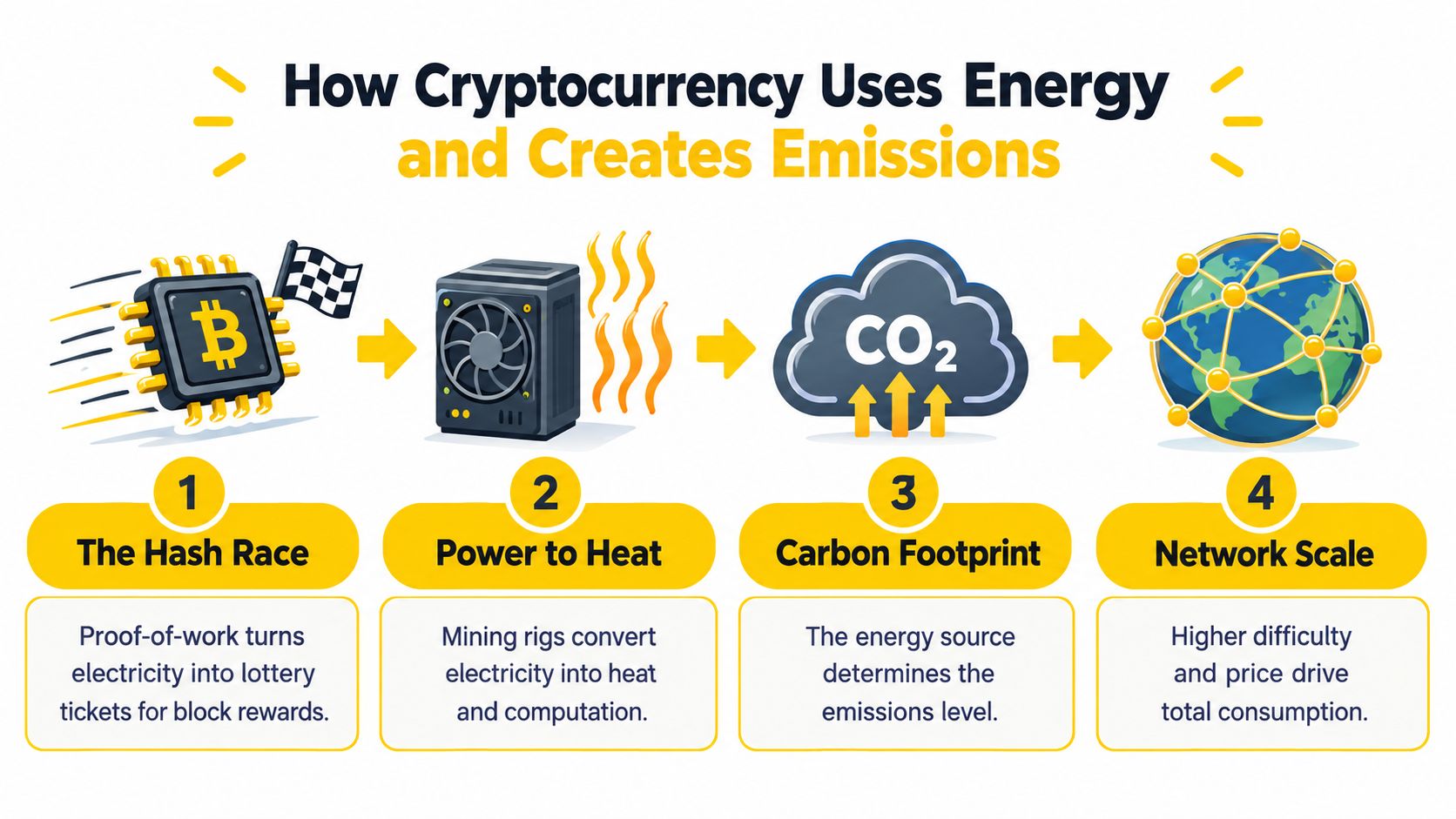An infographic showing the four stages of how cryptocurrency mining consumes energy and generates carbon emissions.