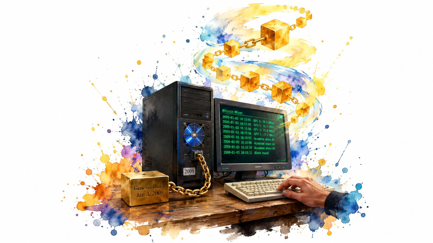 A digital illustration showing a vintage computer mining Bitcoin with a connected gold block labeled Genesis Block.