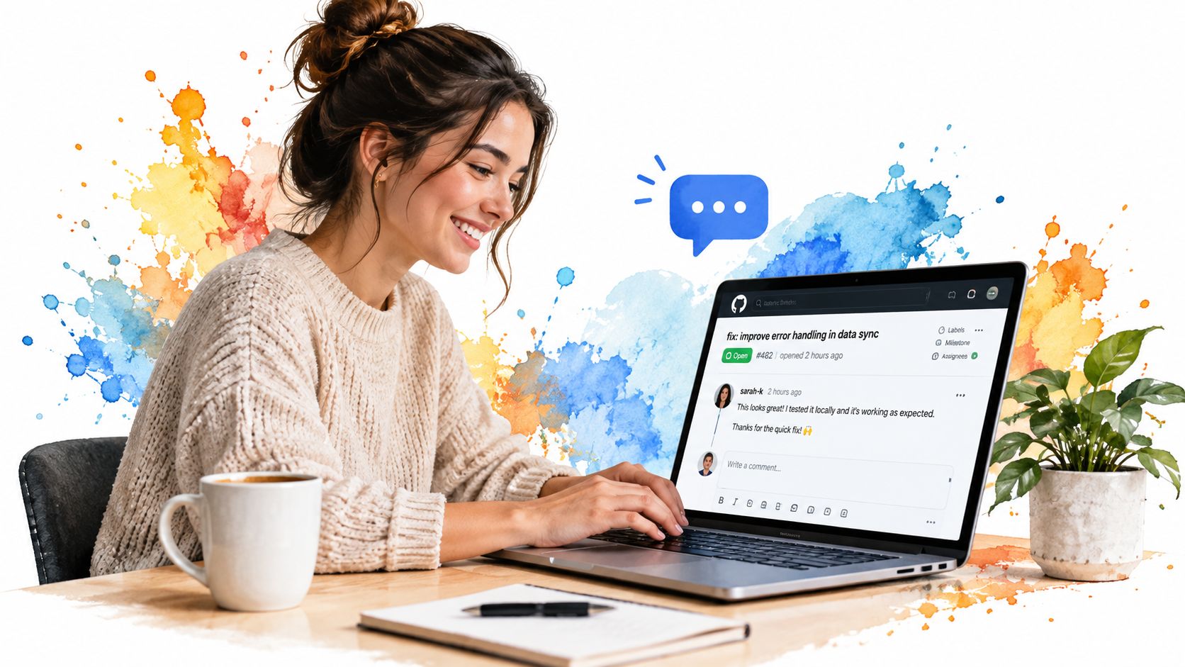 A young woman smiling while typing on her laptop, which displays a Github issue tracker screen.