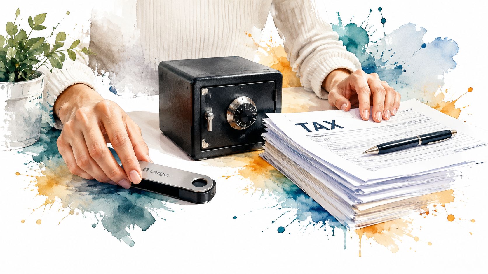 A person organizing tax documents next to a hardware cryptocurrency wallet and a small safe.