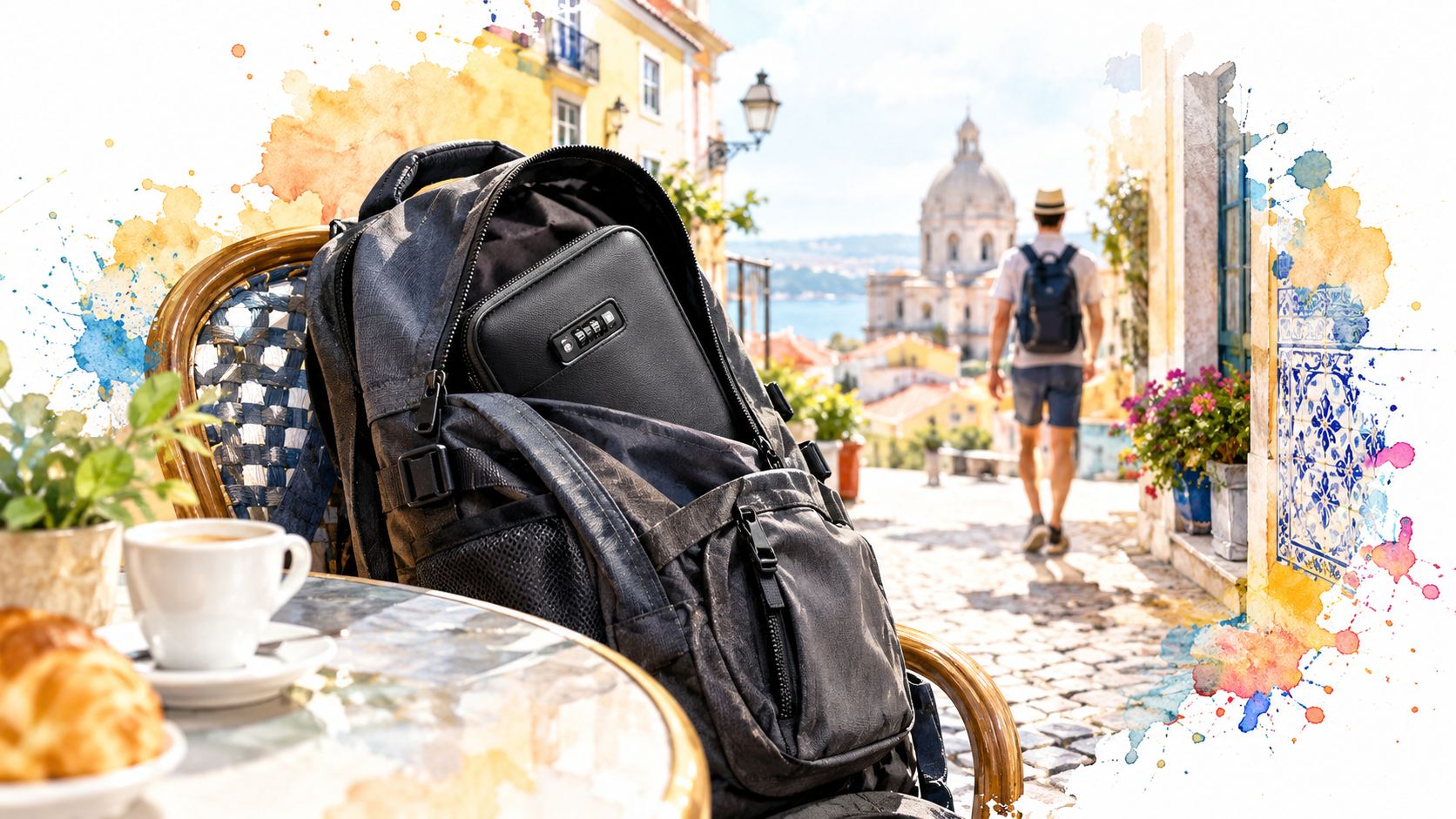 A black anti-theft backpack with a secure combination lock wallet sitting at an outdoor European street cafe.