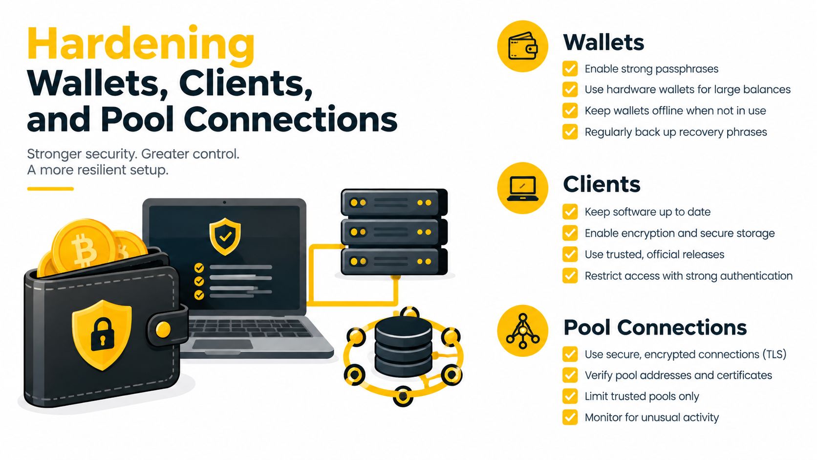 An infographic showing best practices for hardening security of cryptocurrency wallets, software clients, and mining pool connections.