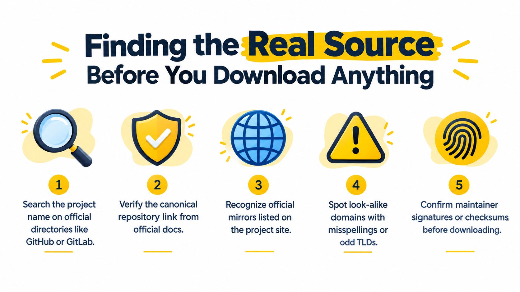 An infographic showing five steps to verify software authenticity before downloading from the internet.