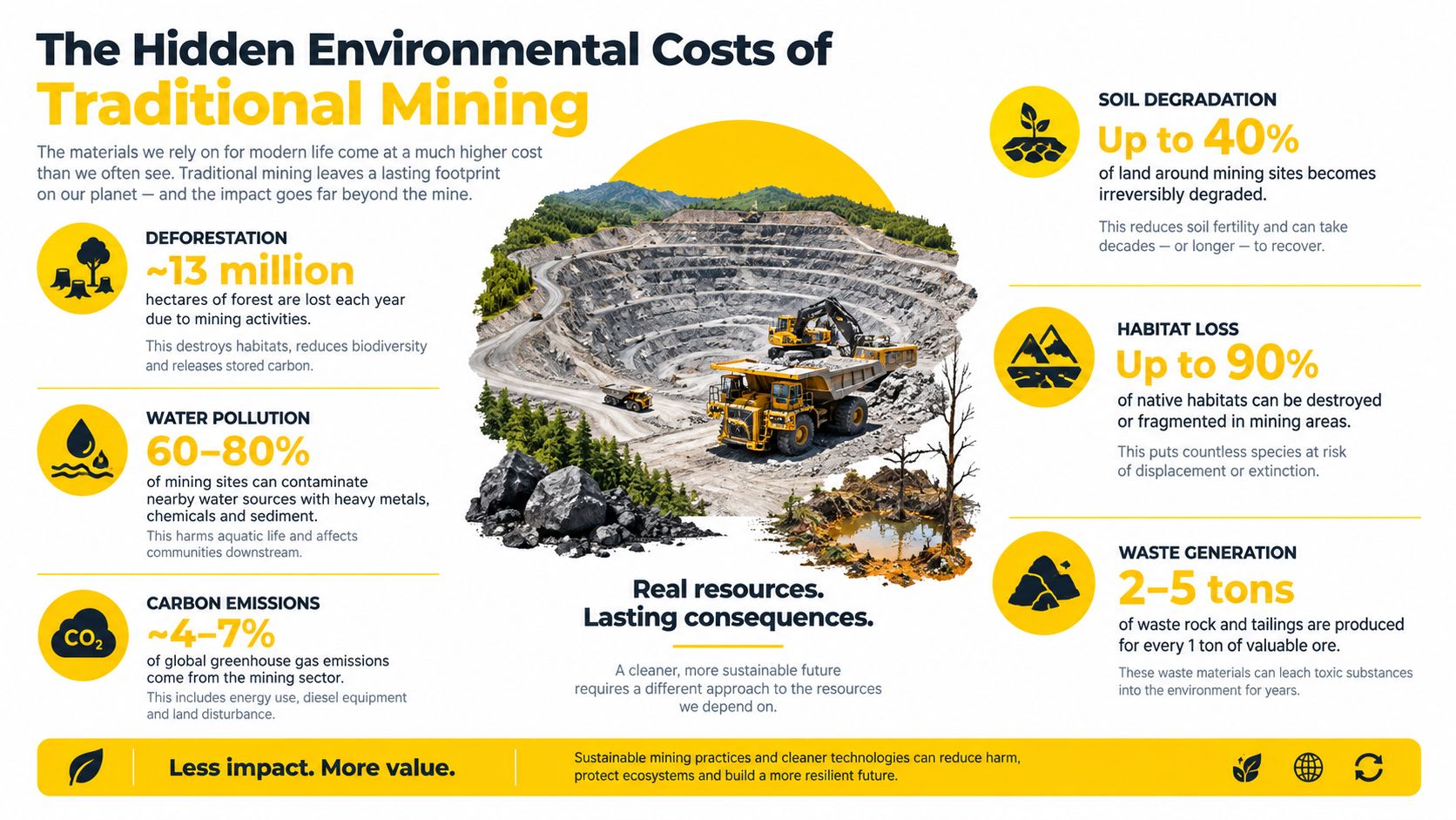 An infographic detailing the various environmental impacts of traditional mining, including deforestation, water pollution, and habitat loss.