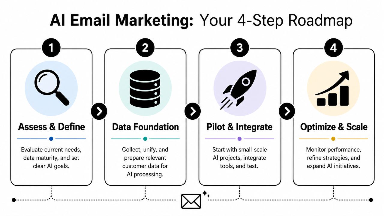 A four-step roadmap infographic for implementing AI in email marketing strategies for businesses.
