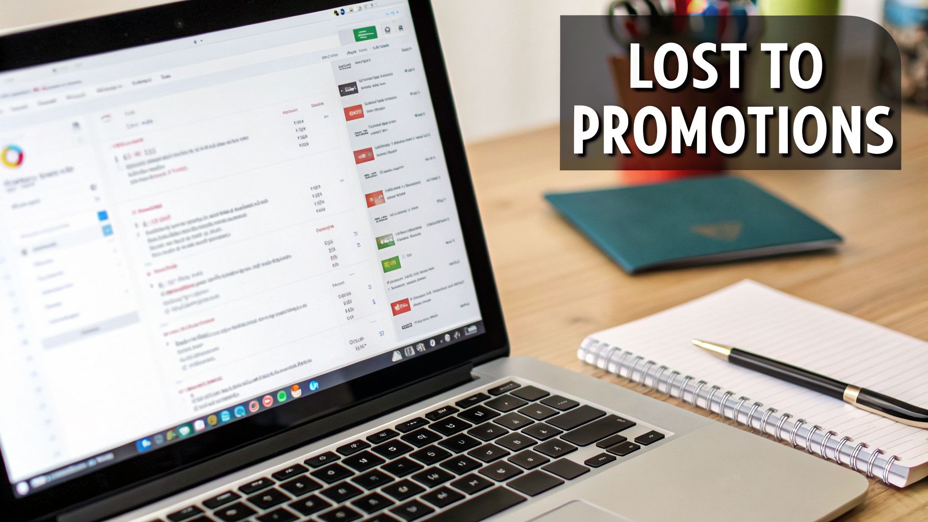 A laptop screen showing an email inbox with the 'Promotions' tab highlighted, on a wooden desk with a notebook and pen.