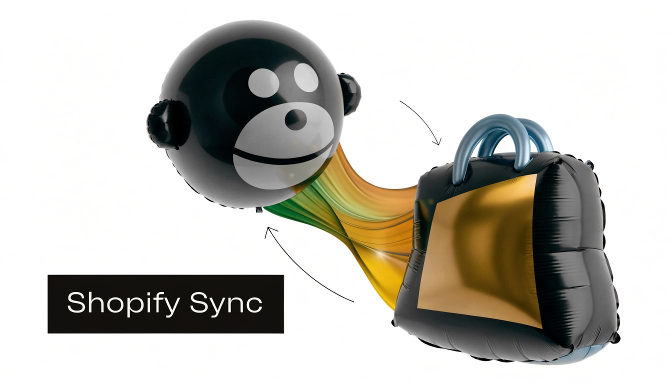 A conceptual illustration featuring a Mailchimp mascot balloon connected to a Shopify shopping bag balloon via light.