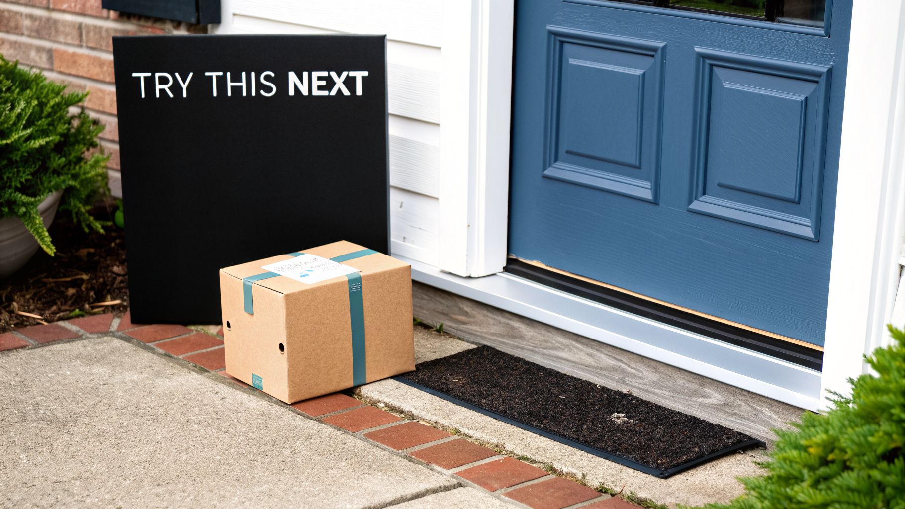 A brown delivery package and a black sign saying "TRY THIS NEXT" are by a blue front door.