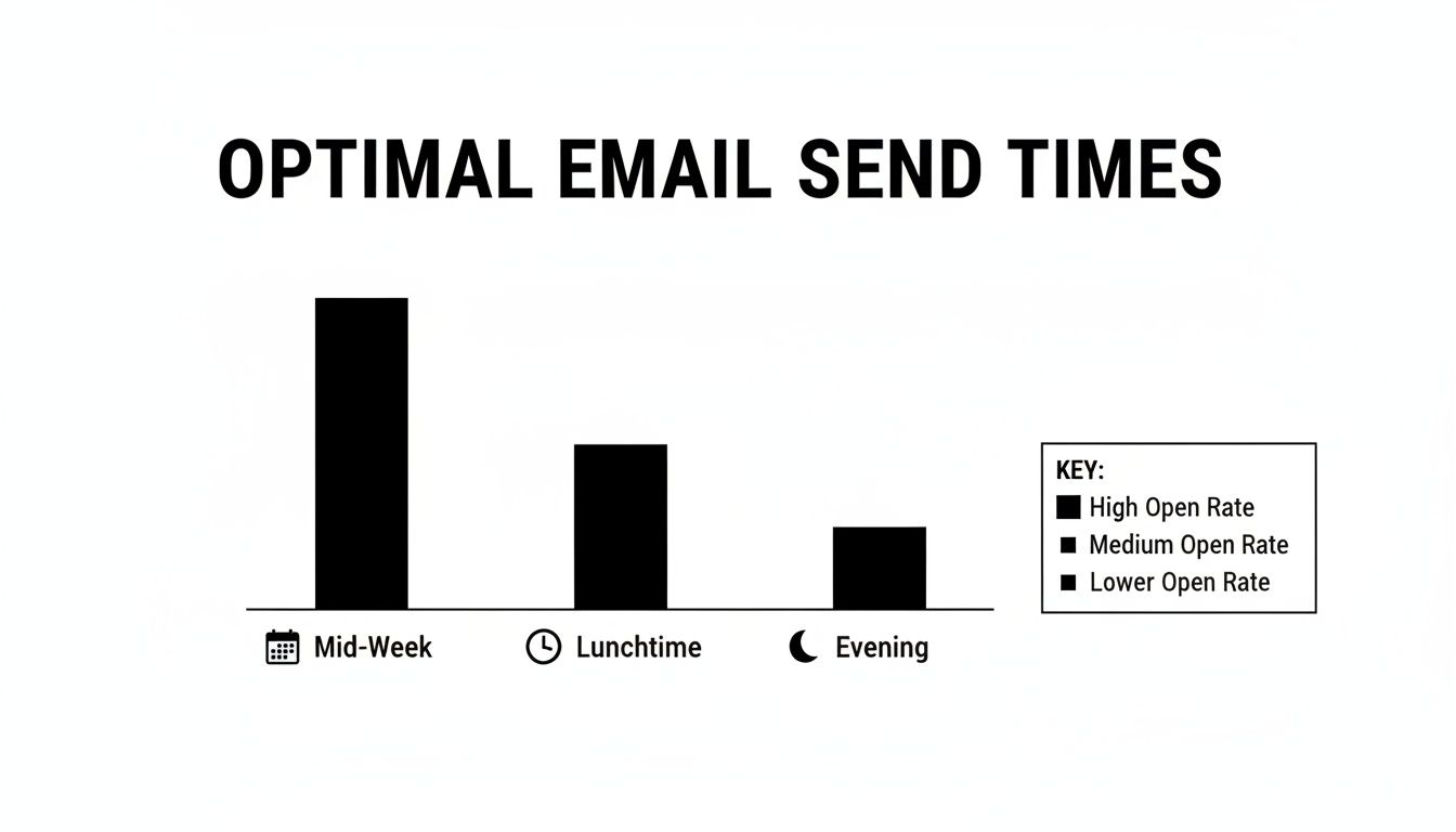 Bar chart illustrating optimal email send times, showing mid-week has the highest open rate.