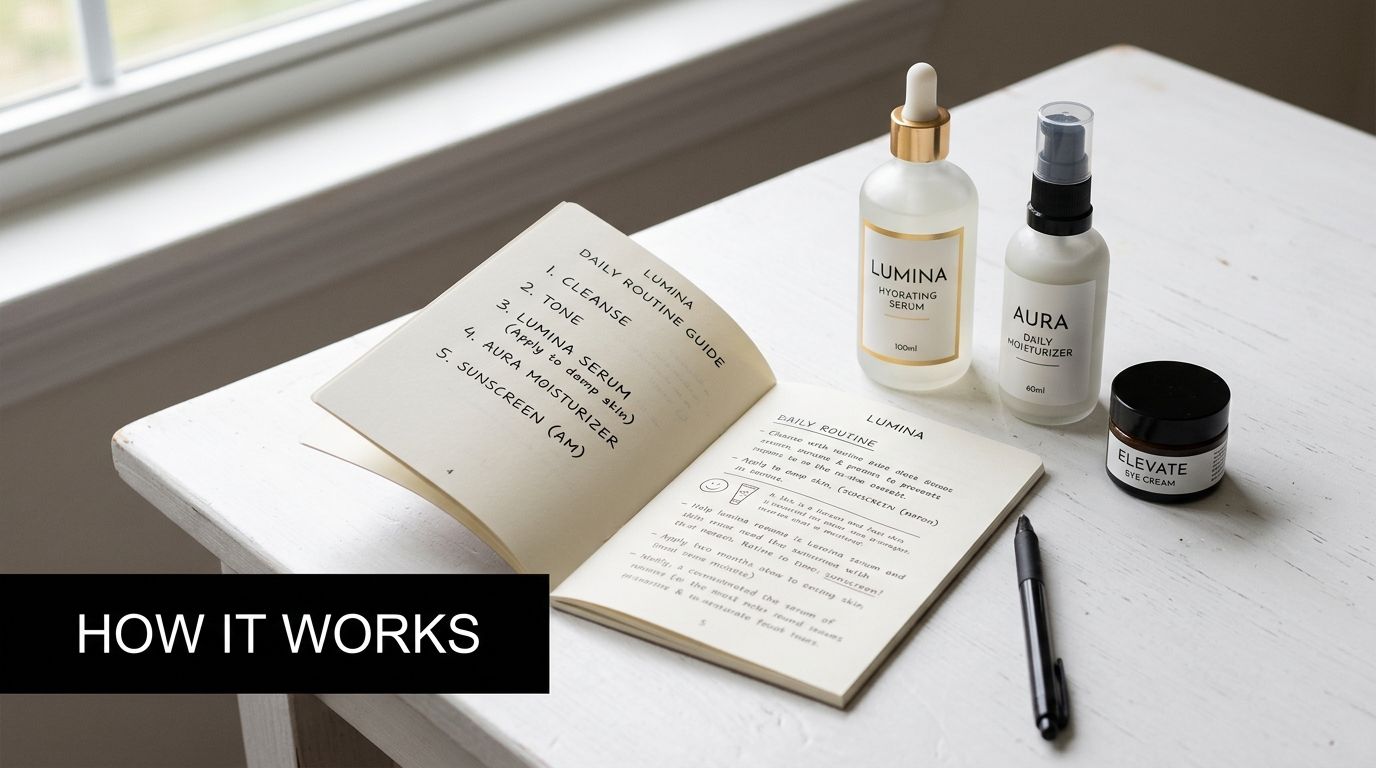 A skincare product guide with bottles of Lumina serum, Aura moisturizer, and Elevate eye cream on a table.