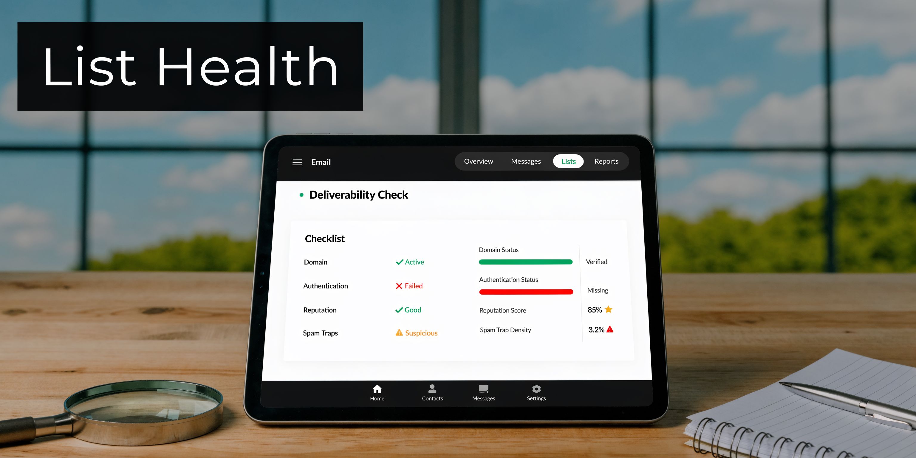A digital tablet displaying an email deliverability list health dashboard with status checks on a wooden desk.