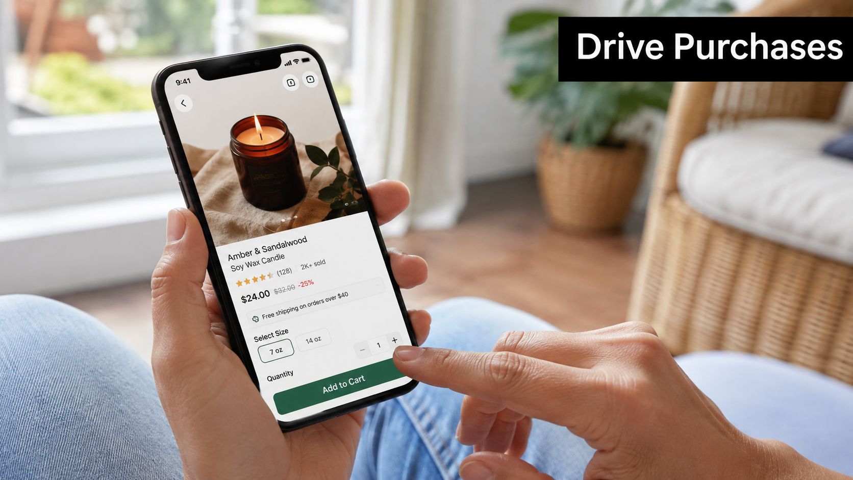 A person holding a smartphone showing an e-commerce product page for an Amber and Sandalwood soy candle.