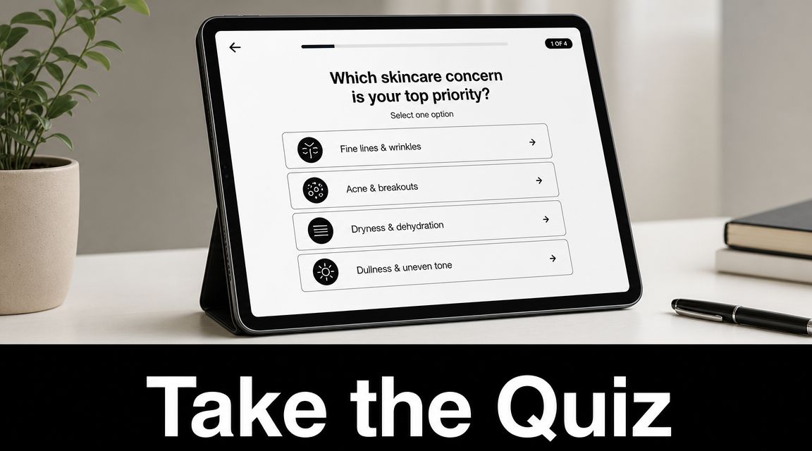 A digital tablet displaying a skincare priority questionnaire with options like fine lines and acne.