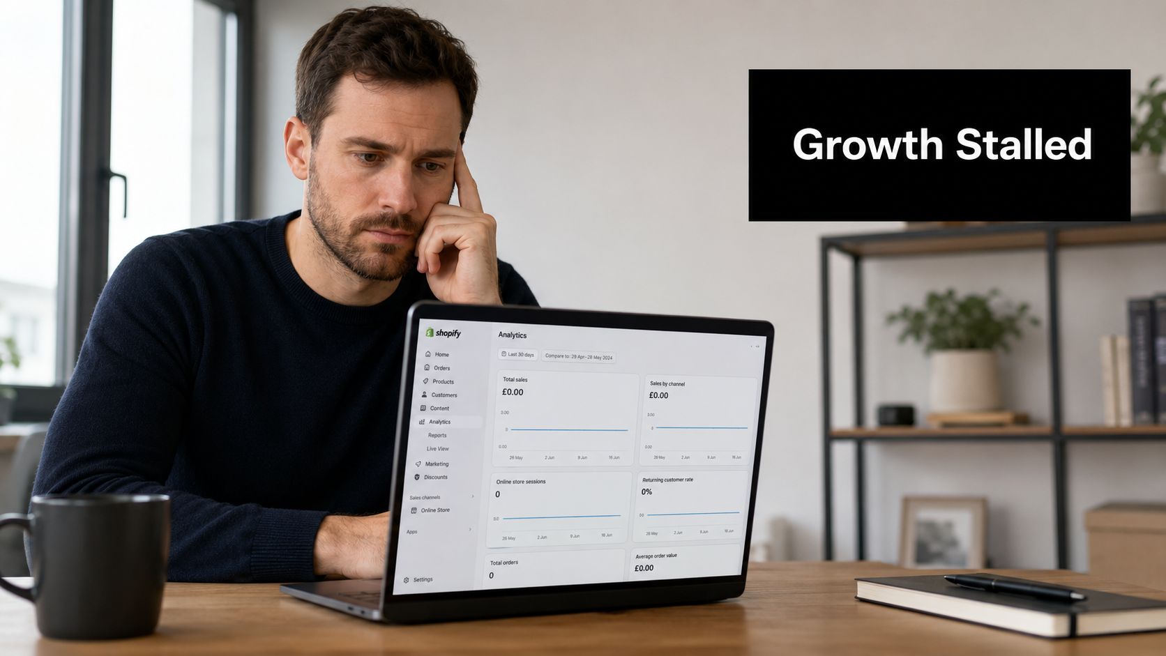 A concerned business owner looking at an empty Shopify analytics dashboard on a laptop computer screen.