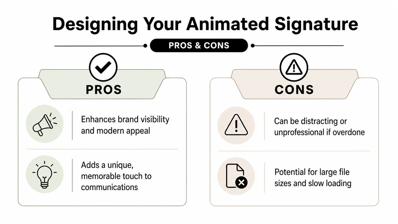 A visual comparison infographic outlining the benefits and drawbacks of using an animated email signature.